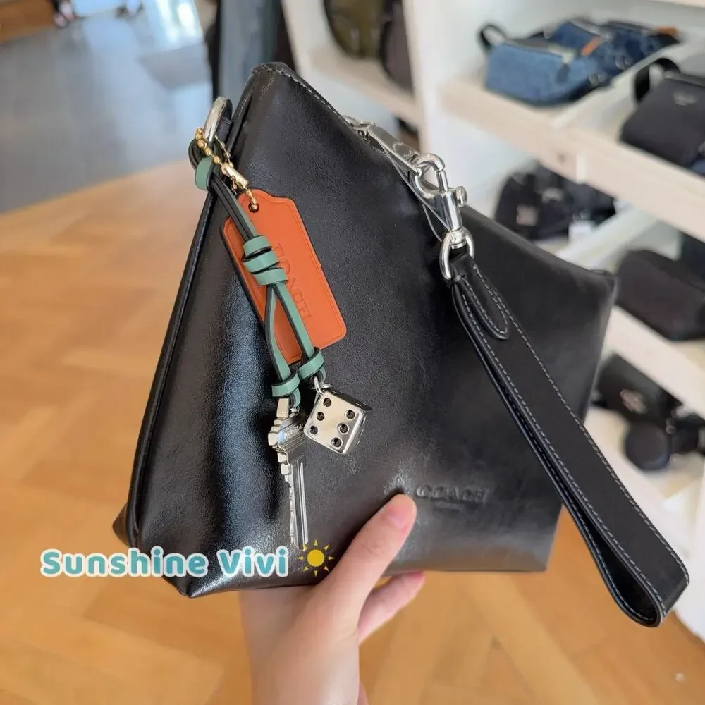 NWT Coach Pouch with charm Silver/Black CEB50 Shiny smooth refined calf leather - Picture 2 of 8